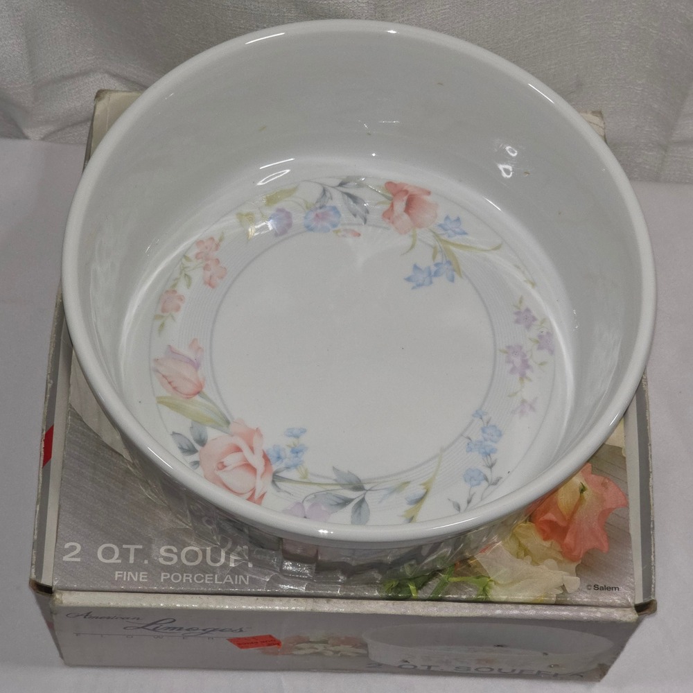 American‎ Limoges Flowers 2 Qt Souffle Dish Fine Porcelain Floral Made in Japan